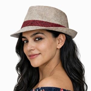 NWT Groovy Glam Tan Fedora Trilby Hat with Red Band Size M Women’s